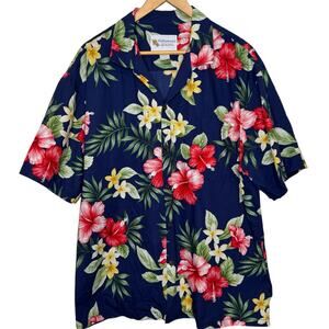 Alohawears XXL Navy Blue Hibiscus Floral Cotton Made in Hawaii Hawaiian Shirt